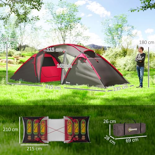 Outsunny 4-6 Man Family Camping Tent W/ 2 Bedrooms And A Living Room, Waterproof Tunnel Tent W/Sewn In Groundsheet, Doors, Windows, Carry Bag, Grey - 7