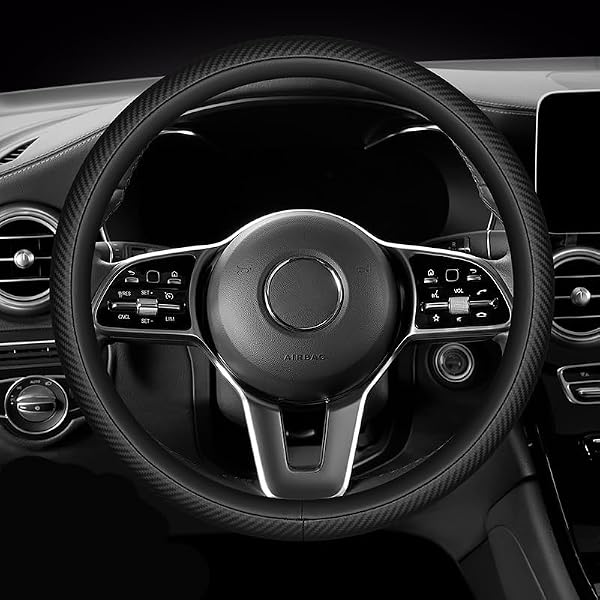 14.5-15" Nappa Leather & Carbon Fiber Steering Wheel Cover - Ultra-Thin Bare-Hand Feel, Sweat-Proof Sport Grip - Instant Supercar Interior Upgrade for Sedan/SUV by HEHKJDNBY - Used condition - US$18.89