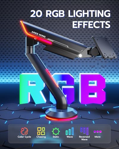 Image of Single Gaming Monitor Arm for 24 inch-57 inch Screens with RGB, Up to 60 lbs, Black | Full Motion Computer Monitor Mount, Heavy Duty Gas Spring Desk Stand with VESA 75x75 to 200x200, with C Clamp, Grommet Base