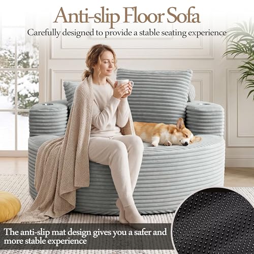 Image of Trustyue Boneless Couch,Comfy Fluffy Sofa Bed,Upholstered Sleeper Sofa with Cup Holder and Throw Pillows,Corduroy Plush Cloud Lounge Chair