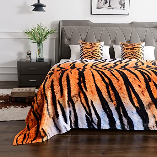 Wibue Tiger Print Blanket 50"X60" With 2 Tiger Print Pillow Covers 18"X18",Decorative Fleece Throw Blanket 3 Piece Set,Fuzzy Soft Cozy Warm Lightweight Blanket For Sofa,Couch,Bed,Travel,Camping #TOP1