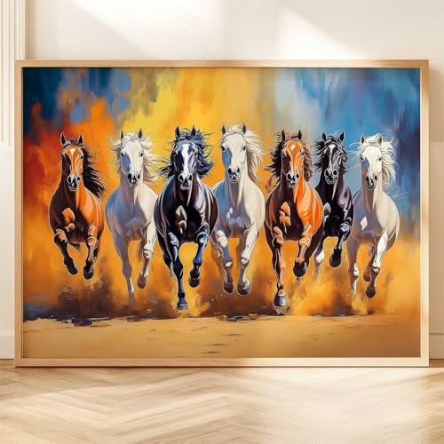 Image of HOTHOUSE Seven Running Vastu Lucky Horse Painting | 7 Horses Vastu Frame Wall Art Painting for Living Room Bedroom Office Home Decor Wall Decor Size (13X17 inch)