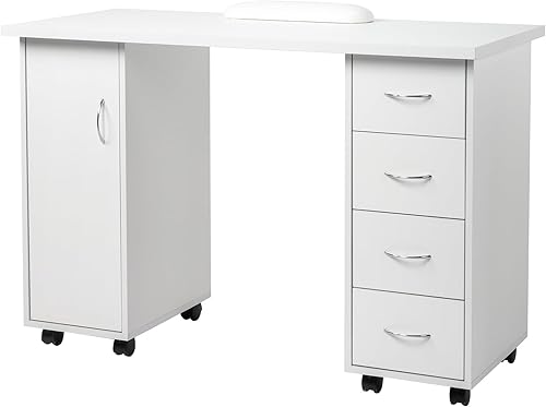 Mesa de manicura con ruedas, estación de trabajo de salón de belleza moderna, mesa de arte de uñas con 4 cajones y gabinete grande para tecnología