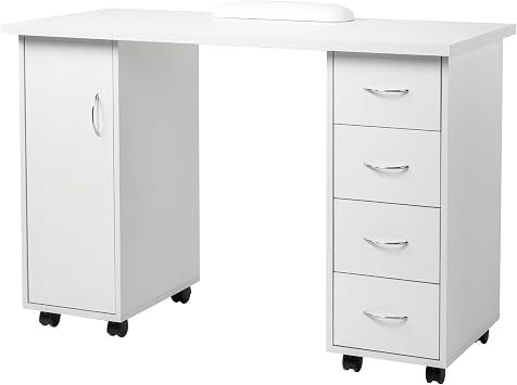 Manicure Table Rolling Nail Desk with Wheels, Modern Beauty Salon Workstation Nail Station Nail Art Table with 4 Drawers and Large Cabinet for Nail Tech White
