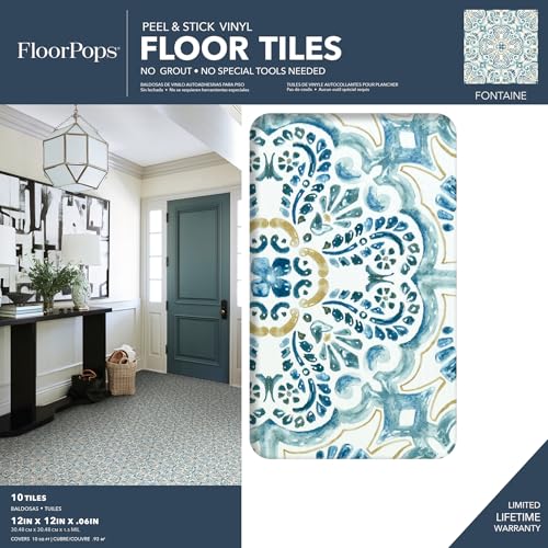 WallPops FP2477 Fontaine Peel & Stick Floor Tiles, Blues, Set of 10 Pieces,12 x 12 inches