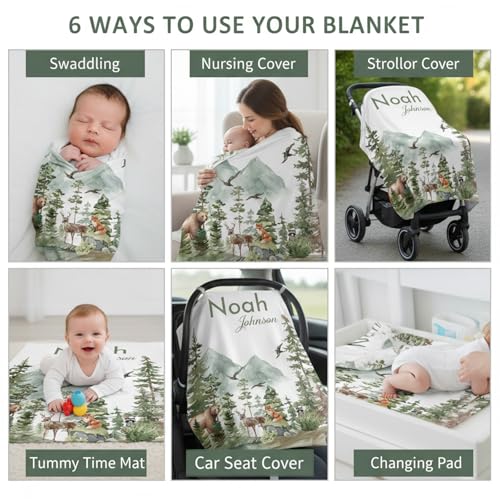 Image of Personalized Woodland Baby Blanket with Name, Custom Name Blanket for Boy, Printed in USA, Super Soft Blankets for Newborn, Customized Gifts for Baby Shower Birthday Christmas