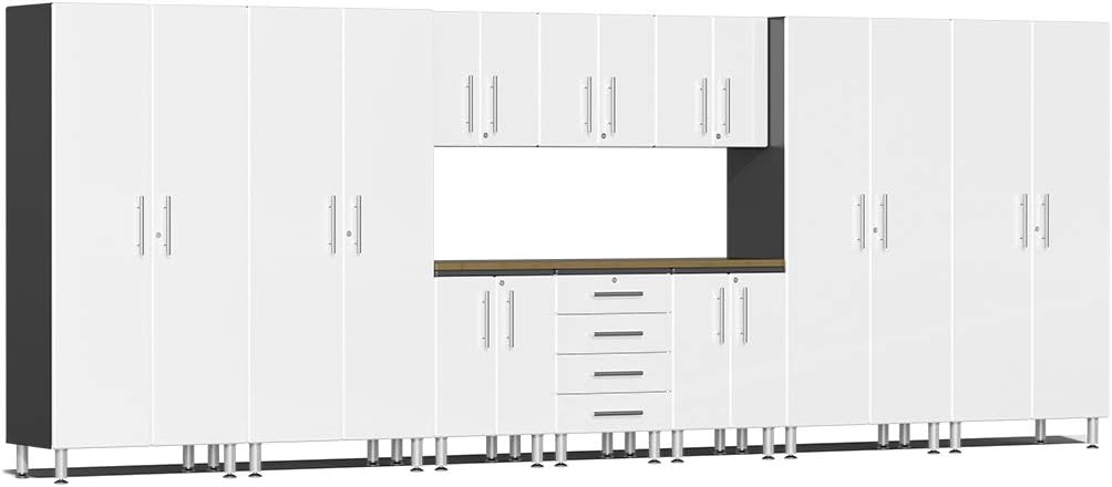 Ulti-MATE UG22112W 11-Piece Garage Cabinet Kit with Bamboo Worktop in Starfire White Metallic