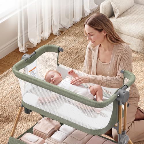 Image of ANGELBLISS Baby Bassinet, 3-in-1 Bedside Sleeper, One-Click Foldable Crib (Green)