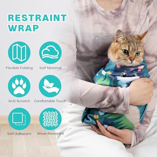 Cat Grooming Wrap, Cat Wrap for Cutting Nails, Self-Adherent Fabric Wrap for Cats, Cat Burrito Wrap Anti-Scratch, Anti-Escape, Multifunctional Swaddle Wrap Pet Tool 27.5¡Á27.5-H3v5QIWO
