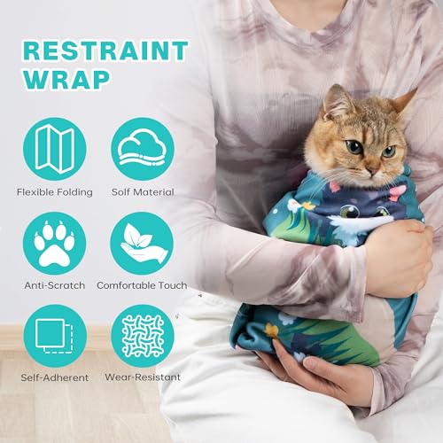 Image of Tuiskusa Cat Grooming Wrap, Cat Wrap for Cutting Nails, Self-Adherent Fabric Wrap for Cats, Cat Burrito Wrap Anti-Scratch, Anti-Escape, Multifunctional Swaddle Wrap Pet Tool 27.5x27.5 inch