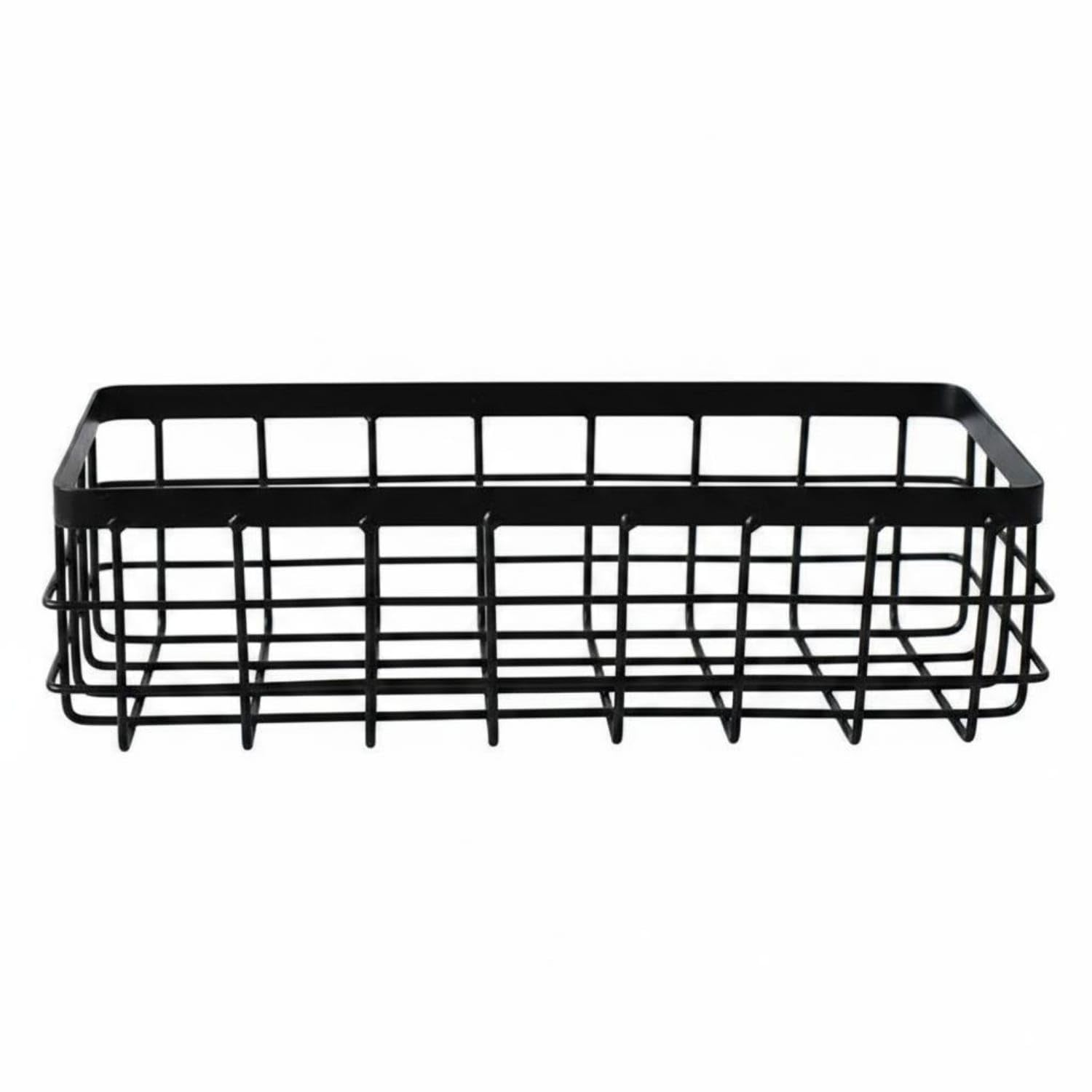 Multipurpose Wall Mounted Basket Minimalist Design Metal Basket Wood Base Grid Design Rectangular Organizer Bin for Kitchen, Bathroom, Office, Entryway, 25-10-7cm, Black Without Board-image-30