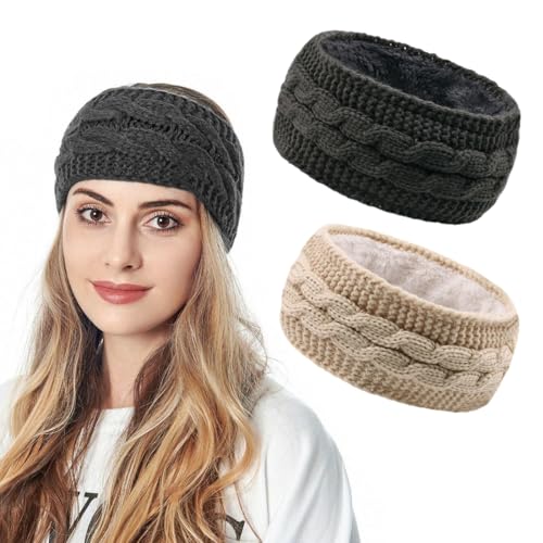 2 Pezzi Fasce per Capelli Lavorata a Maglia Inverno Uncinetto Testa Avvolgere, Fascia Capelli Donna Inverno, Fascia Elastica Dei Capelli Grigio Scuro, Beige