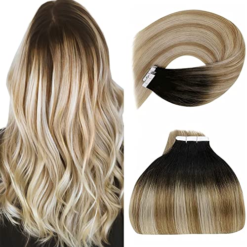 Real Tape in Hair Extensions Black LaaVoo Tape in Natural Human Hair Extensions Balayage Off Black Fading to Brown with