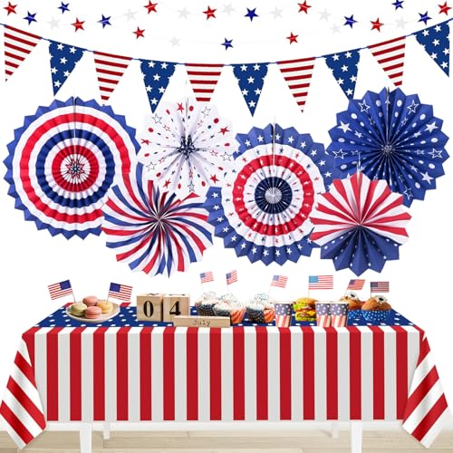 Image of 9PCS 4th of July Decorations Red White and Blue Paper Fans, USA Pennant Bunting, Star Streamers, Patriotic Tablecloth for Fourth of July Party Supplies, Memorial Day Veterans Day Patriotic Decor