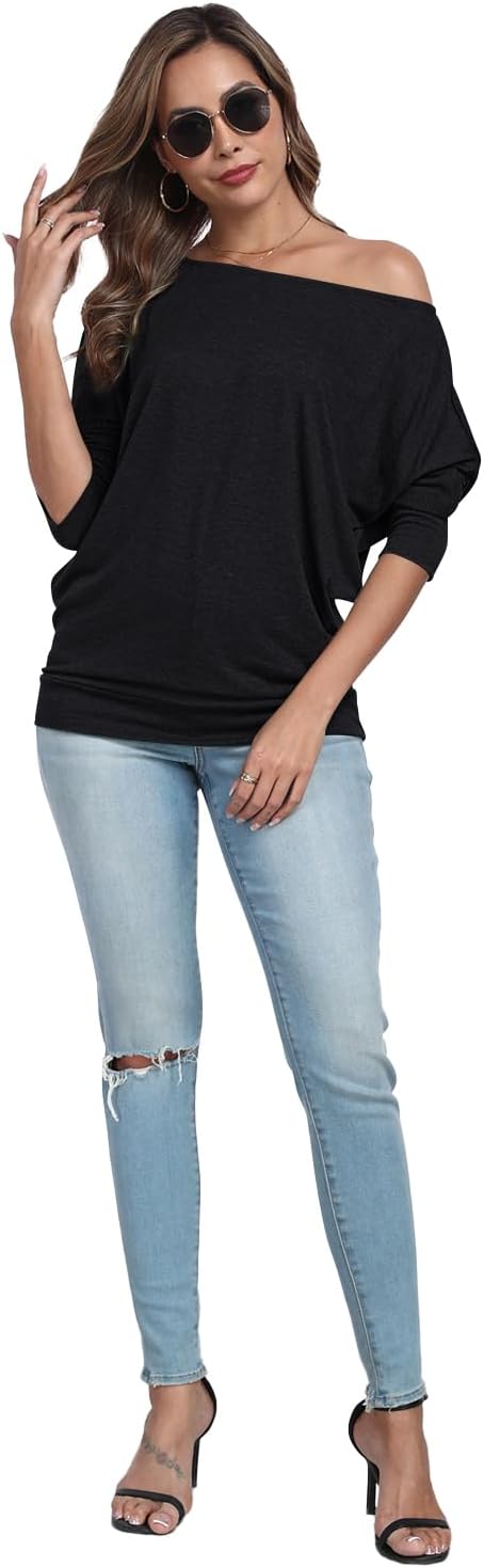 Poetsky Womens 3/4 Sleeve Shirts Sexy Off Shoulder Ruched Tops Loose Fitting Blouses - Image 3