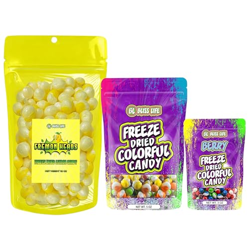 Bliss Life Freeze Dried Candy Bundle – Fremon Heads (10oz), Colorful Candy (5oz) & Berry Colorful Candy (3oz) – ASMR, TikTok Challenge, Sour & Sweet Fusion, Freeze Dried Sour Candy, Trendy Snack