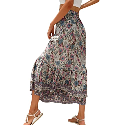 Women Casual Boho Long Skirt Vintage Floral Print Bohemian Style Half Dress Elastic Waist Flowy Swing Midi Skirt Summer Spring (Creamy White, XL) - Image 4