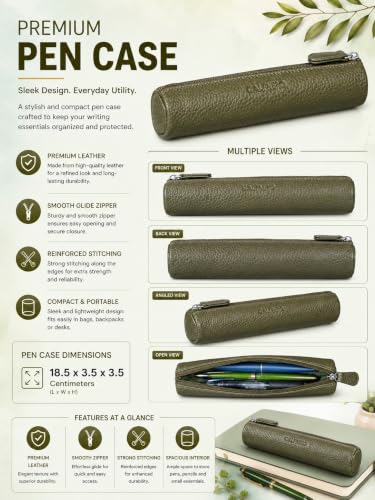 Image of Calfnero Genuine Leather Pen-Case for Men & Women | Premium Green Leather Pencil-Pouch with Zipper | Cylindrical Pen-Holder Organizer for Pen, Pencils & Stationery | Unisex Pen-Sleeve