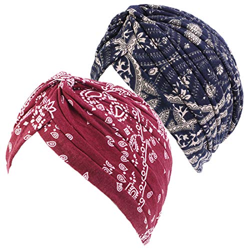 Preisvergleich Produktbild RdChicLog Damen Chemo Kopfbedeckung Krebs Mütze Kopftuch Haarverlust Haarausfall Turban Hut Haarband Vorgebunden Schwangere Schlafmütze (Weinrot+Paisley Marineblau)