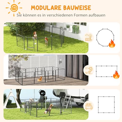 PawHut Welpenlaufstall 12-teilig 80cm hoch faltbar flexibel DIY Welpenauslauf mit 2 abschließbarer Tür 12 Gitterplatten Stahl Hundelaufstall für mittlere Hunde für drinnen draußen Aufbau werkzeugfrei