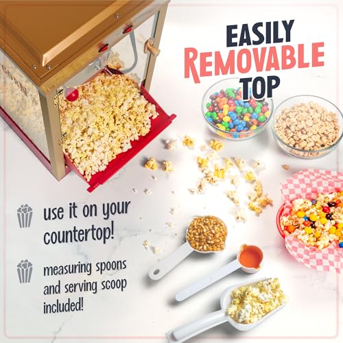 Nostalgia Vintage 8 Ounce Professional Popcorn Cart Makes Up to 32 Cups, Three Storage Candy & Kernel Dispenser Also for Nuts, Chocolate, Measuring Spoons and Scoop Included, Red