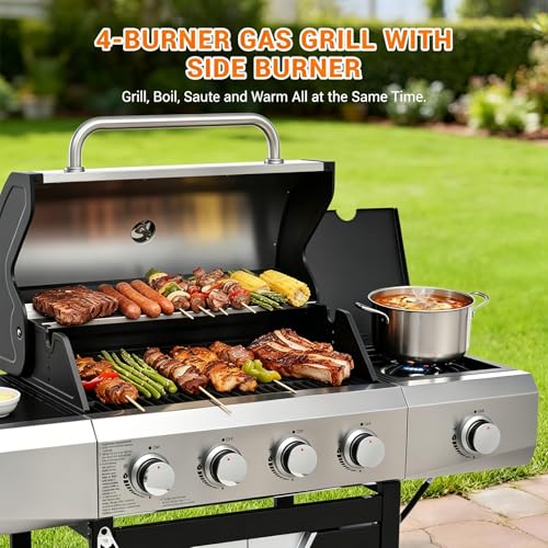 Image of EUHOME Upgraded 51,000 BTU 4-Burner Propane Gas Grill with Side Burner - Large 452 sq.in Porcelain-Enameled Cast Iron Grates, Stainless Steel Body, 4 Swivel Casters for Backyard Patio & Tailgating