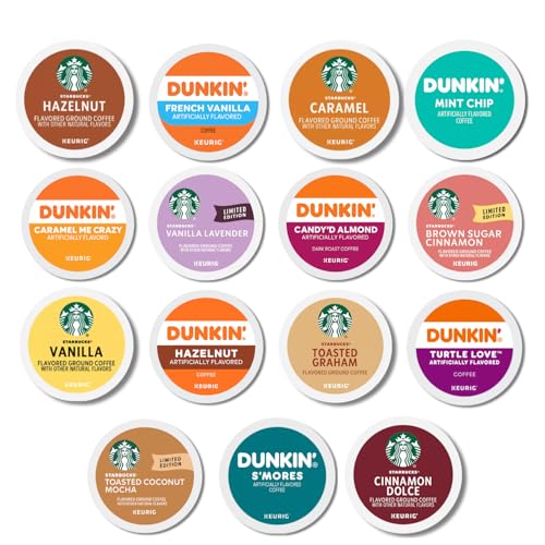 Dunkin & Starbucks Flavored Coffee Pods Variety Pack – 30 Count – 15 Unique Flavors, 2 Each – Flavored K Cups Sampler for Keurig – Bulk Coffee Pods for Office, Pantry, or Gift (30 Count Pack)
