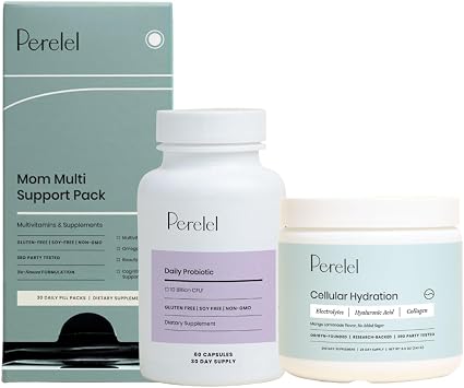 Perelel Postpartum Care Bundle, Mom Multi Support Pack & Hydration Powder & Daily Probiotic, 30 Daily Pill Packs & 28 Servings of Hydration Powder & 60 Capsules