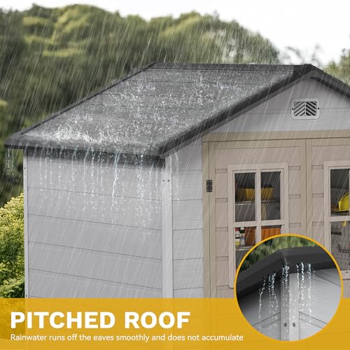 Image of DWVO 6x4.4 FT Outdoor Storage Shed, Plastic Garden Tool Shed with 2 Windows, Double-Wall Outside Shed for Lawn Mower, Garden Tool for Backyard, Patio, Lawn, Lockable, Greige&Gray