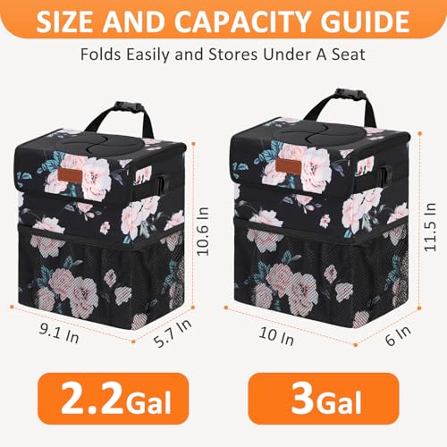 Image of Vankor 3 Gallons Car Trash Can with Lid, Car Bag Bin Hanging Waterproof Automotive Garbage Cans Leak Proof Vehicle Trash Can Black Floral