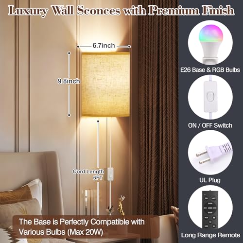 Image of Plug in Wall Sconces Set of Two: Wall Lights with 7 RGB Colors - 3 Color Temperature Wall Mount Lamps with Remote - Fabric Linen Wall Sconc for Bedroom Living Room & Hallway- Indoor Corded Wall Sconce