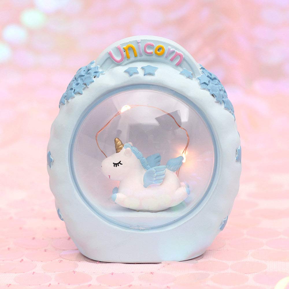 Mini statue licorne bleue en résine avec lampe ronde pour déco