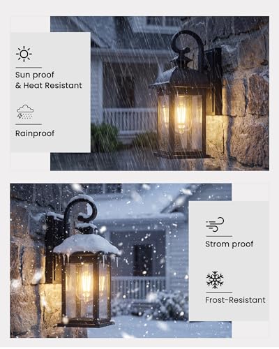 Image of FEMILA Exterior Wall Sconce, 2 Packs Outdoor Waterproof Wall Lights Fixture, E26 Socket Wall Lantern for Porch, Anti-Rust Matte Black Finish with Seeded Glass Lampshade, 4FD54B-2PK BK