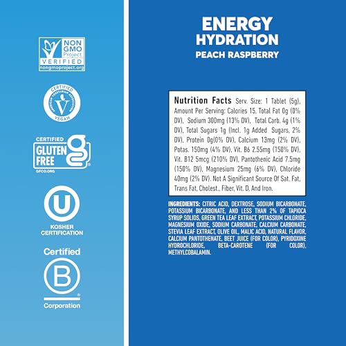 Image of Nuun Energy Caffeine + B Vitamins, Electrolyte Hydration Tablets with Caffeine from Green Tea Extract, Magnesium & 4 Other Electrolytes, Gluten Free, Vegan, Peach Raspberry, 8 Pack (80 Servings Total)