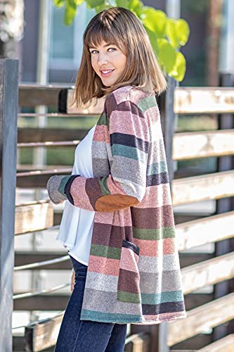 Image of Eloges Women's Multi Stripe Soft Knit Open Cardigan with Suede Elbow Patch