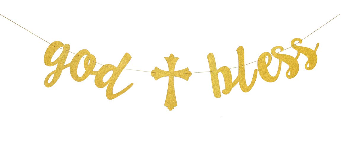 Cross God Bless Banner Gold Glitter Baptism Garland for Baptism Communion Party Christening Wedding Baby Shower Christmas Decorations