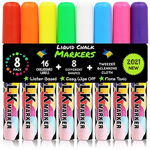 Chalk Markers, Erasable Chalkboard Marker Pens for First Day of School Board Signs, Premium Liquid Chalk Markers Neon Pens for Decor, 8 Packs Non-Toxic Window Glass Markers Washable , 16 Labels, Paint Marker Pens for Car Paint Kids Art DIY Back to School