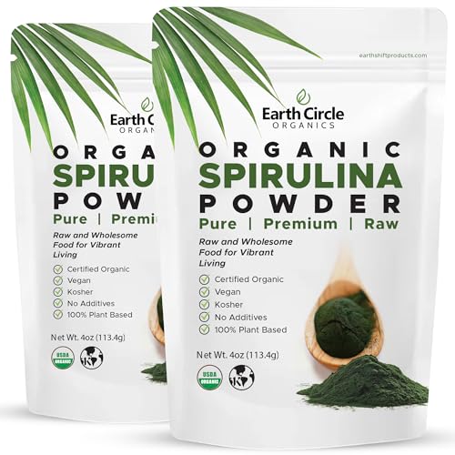 Earth Circle Organics Spirulina Powder, Kosher, Raw and Non-Irradiated | Pure Vegan Protein | Premium Superfood, High in Amino Acids and Antioxidants - 4 Ounce (2 Packs)