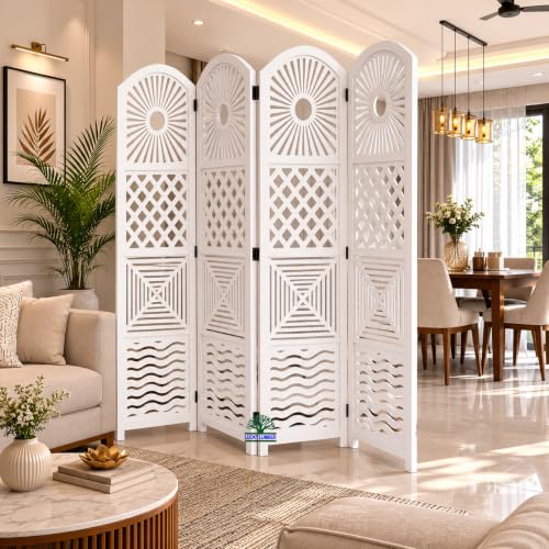 Image of Wooden Room Divider Partition for Living Room | Foldable 4 Panel Decorative Privacy Screen Separator for Home, Office & Bedroom | Modern (Snow White)
