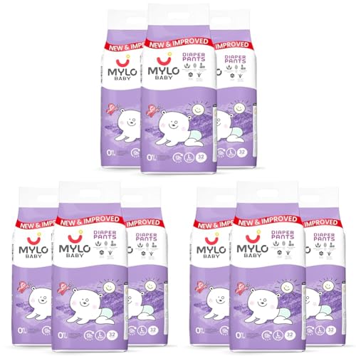 Image of Mylo Baby Diaper Pants Large (L) Size 9-14 kgs (96 count) Leak Proof | Lightweight | Rash Free | Upto 12 Hours Protection | ADL Technology | with Aloe Vera Lotion (32 Count, Pack of 9)