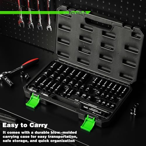 Image of TecoTek 3 /8 inch Drive Impact Socket Set, 49-Piece Standard SAE (5 /16 inch-3 /4 inch) and Metric (8mm-22mm), 6 Point, Cr-V, Extension Bars, 1 /2 inch F to 3 /8 inch M Reducer, Universal Joint and Power Drill Adapter