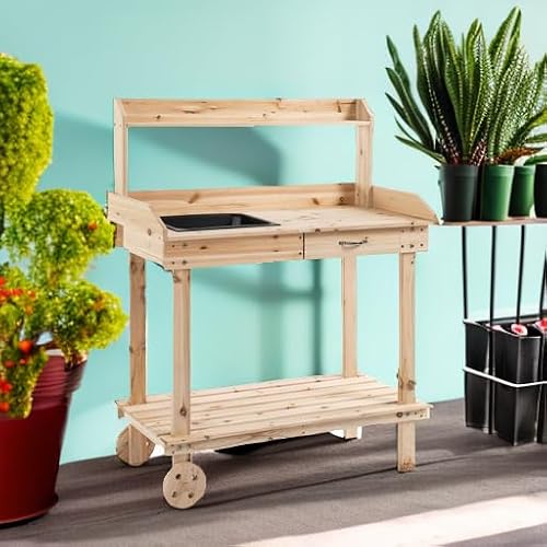 Outsunny 36'' Wooden Potting Bench Work Table with 2 Removable Wheels, Sink, Drawer & Large Storage Spaces, Natural - Thumbnail 5