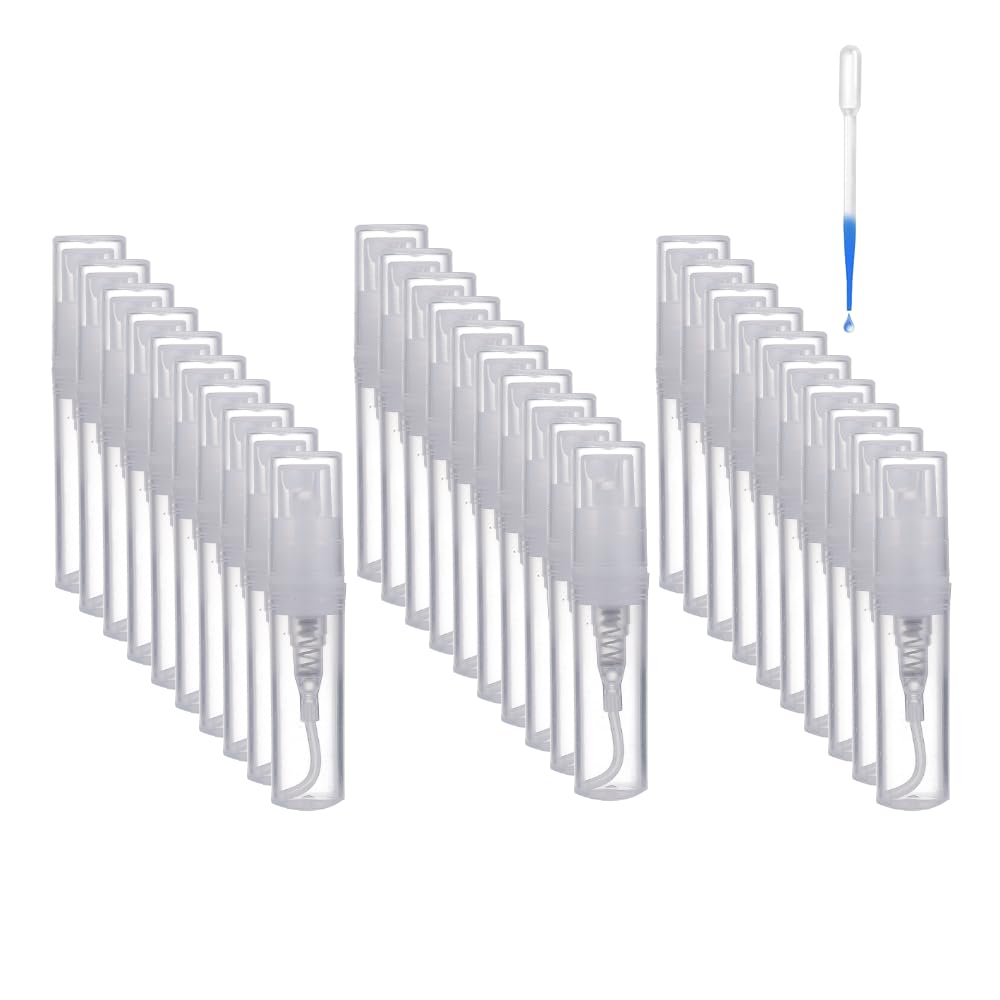 Mini Refillable Perfume Spray Bottle, 30 Pack (3ml) Clear Plastic Spray Empty Bottle, NO CLEANING REQUIRED - Ready To Use, Perfume Atomizer, Portable Travel Bottle with Dropper