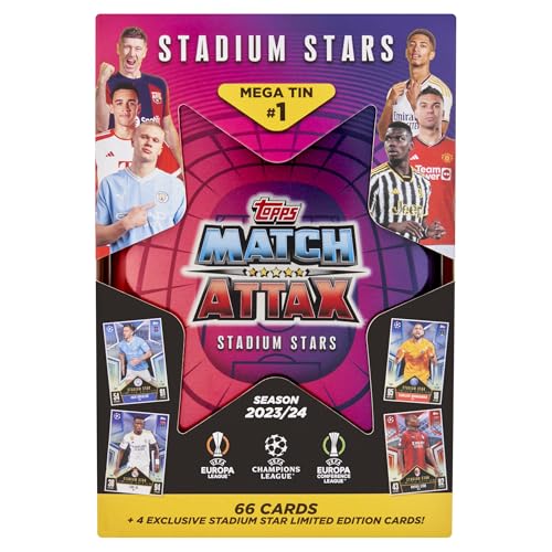 Topps Match Attax 23/24 - Mega Random Tin - Contains 66 Match Attax Cards Plus 4 Exclusive Stadium Stars Limited Edition Cards