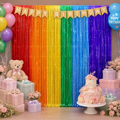 Image of 2Pack Rainbow Foil Fringe Curtains Backdrop Decorations, Rainbow Metallic Tinsel Foil Streamers Curtain Photo Booth Background for Birthday Wedding Engagement Bridal Shower Unicorn Party Decorations