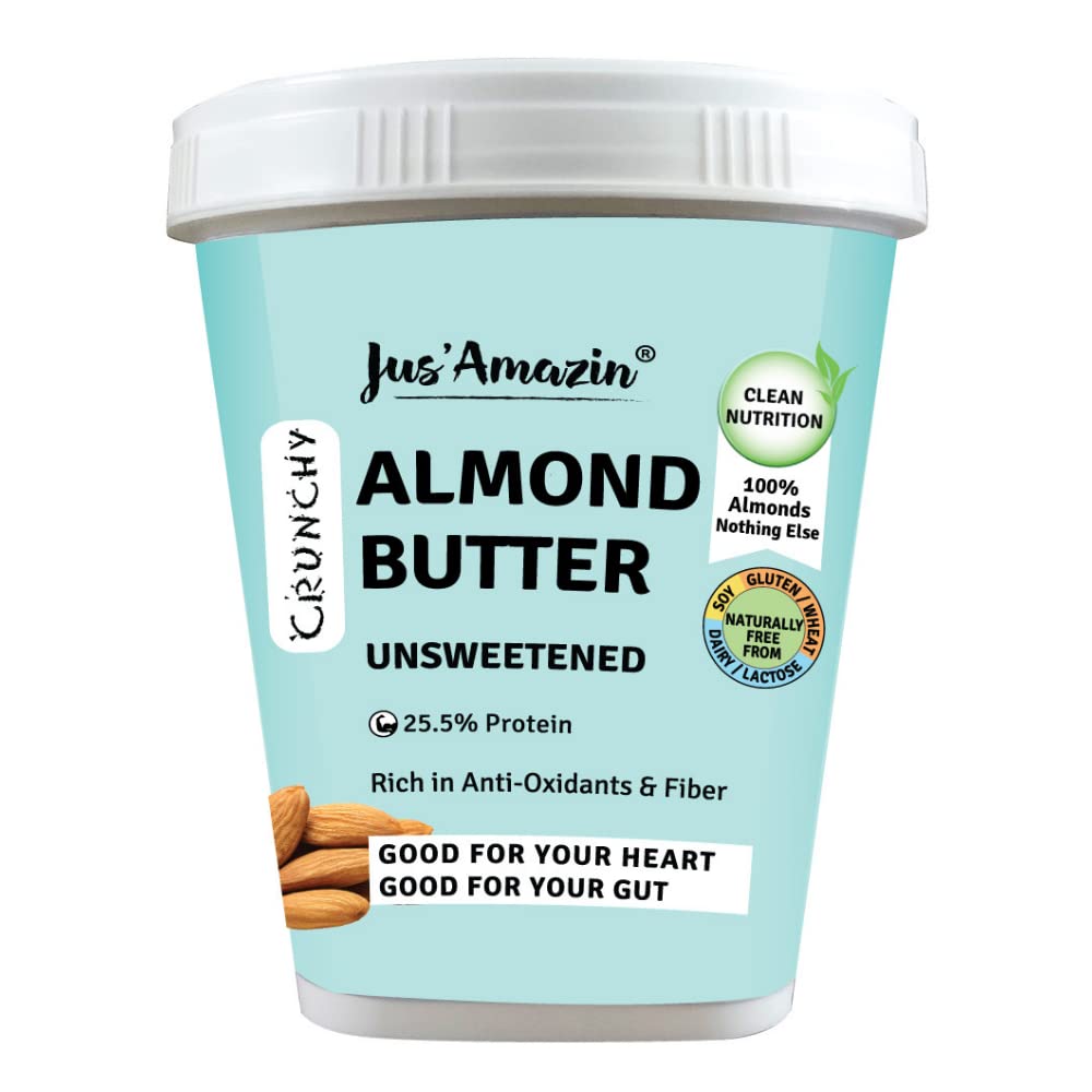 Jus' Amazin Crunchy Almond Butter - Unsweetened (1 Kg Tub) | 25% Protein | Only Whole Almonds (100% Pure) | Zero Additives | 100% Natural | Dairy Free | Keto | Plant Based Nutrition | Clean Nutrition