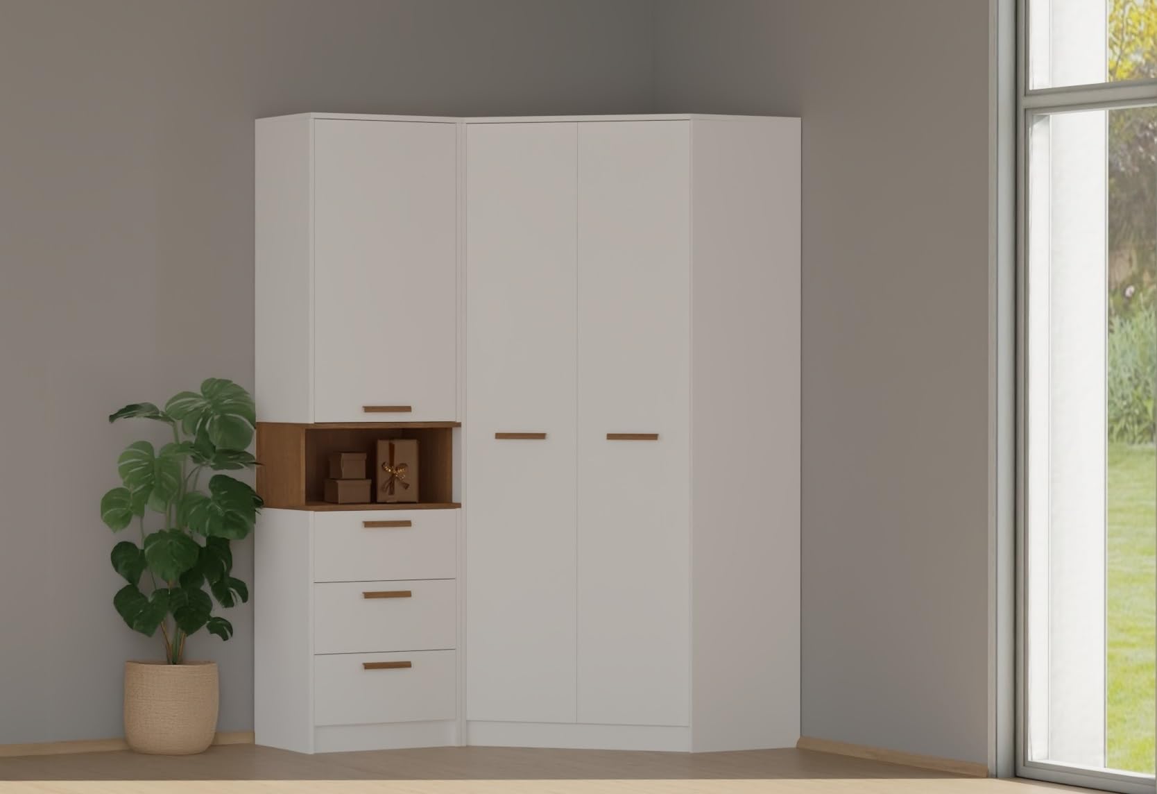 Marmex Grant G8 - Eckschrank 91x195x91 cm, Bücherregal - Eckgarderobe mit Kleiderstangen und Einlegeböden für das Jugendzimmer, Schlafzimmer - Eckkleiderschrank - weiß + Riviera Eiche (Modern)