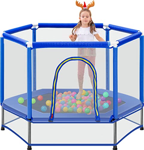 Merax 55' Mini Trampoline for Kids, 4.5FT Indoor Outdoor Toddler Trampoline with Safety Enclosure Net and Pit Balls Baby Small Trampoline Birthday Gifts for Girl and Boy Age 3 Months and up,Blue