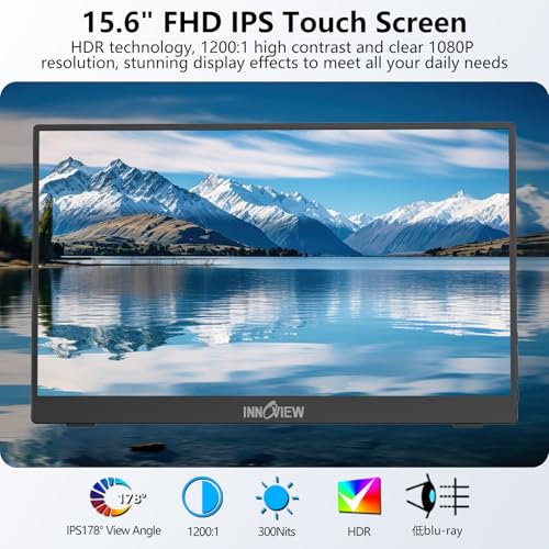 Image of InnoView 15.6 inch Portable Monitor 60Hz Touchscreen 1080P 10-Point Touch Screen Monitor Portable with Protective Sleeve Built-in Stand, 1200:1 HDMI USB C Travel Monitors for Laptop, PC, Phone