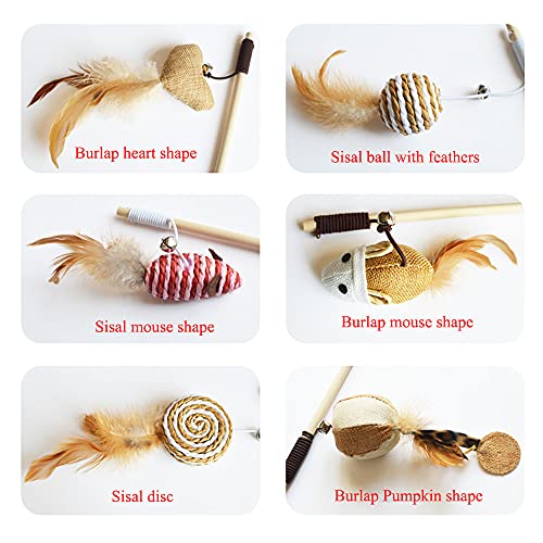 Artshu 6Pcs/Lot 40Cm Pet Cat Teaser Toys Feather Linen Wand Cat Catcher Teaser Stick Cat Interactive Toys Wood Rod Mouse Toy With Mini Bell #TOP1